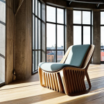 ** A modern, sustainable product design office in Stockholm. Architects and designers are collaborating on a "Cradle to Cradle" certified chair prototype, using reclaimed wood and innovative bio-plastics. Sunlight streams through large windows, highlighting the eco-friendly materials.

**