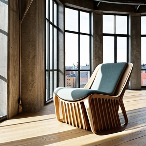 ** A modern, sustainable product design office in Stockholm. Architects and designers are collaborating on a "Cradle to Cradle" certified chair prototype, using reclaimed wood and innovative bio-plastics. Sunlight streams through large windows, highlighting the eco-friendly materials.

**