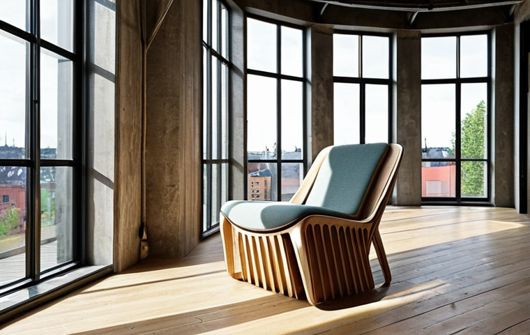 ** A modern, sustainable product design office in Stockholm. Architects and designers are collaborating on a "Cradle to Cradle" certified chair prototype, using reclaimed wood and innovative bio-plastics. Sunlight streams through large windows, highlighting the eco-friendly materials.

**
