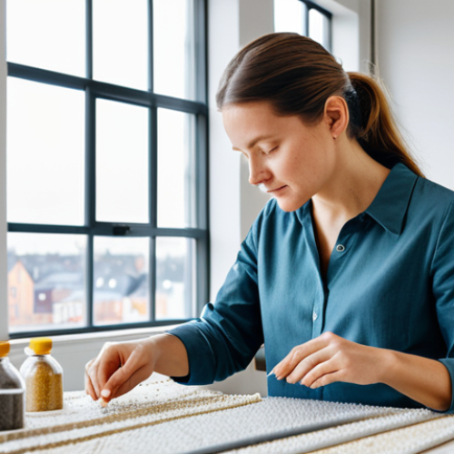 A professional female designer, fully clothed in a modest, smart casual outfit, meticulously examining a sample of innovative recycled material. Her well-formed hands are gently inspecting the texture. She is in a bright, modern, minimalist design studio with large windows overlooking a clean, urban Swedish landscape. Various prototypes of sustainable products, subtly lit, are visible on display shelves in the background. The image should convey a professional, calm, and inspiring atmosphere focused on sustainability and innovation. Perfect anatomy, correct proportions, natural pose, proper finger count, natural body proportions, safe for work, appropriate content, family-friendly, high-quality photograph, studio lighting, sharp focus, professional photography, studio shoot.