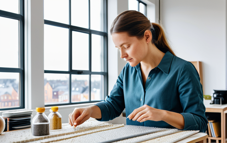 A professional female designer, fully clothed in a modest, smart casual outfit, meticulously examining a sample of innovative recycled material. Her well-formed hands are gently inspecting the texture. She is in a bright, modern, minimalist design studio with large windows overlooking a clean, urban Swedish landscape. Various prototypes of sustainable products, subtly lit, are visible on display shelves in the background. The image should convey a professional, calm, and inspiring atmosphere focused on sustainability and innovation. Perfect anatomy, correct proportions, natural pose, proper finger count, natural body proportions, safe for work, appropriate content, family-friendly, high-quality photograph, studio lighting, sharp focus, professional photography, studio shoot.