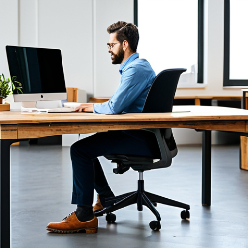 Sustainable Office Chair Design**

"A modern office featuring a person using a sustainably designed office chair made from recycled plastic and sustainably sourced wood, fully clothed in business casual attire, appropriate content, safe for work. The chair has a modular design, showcasing easy disassembly for repair. Natural lighting, eco-friendly workspace, perfect anatomy, natural proportions, professional product photography, high quality, modest design."

**